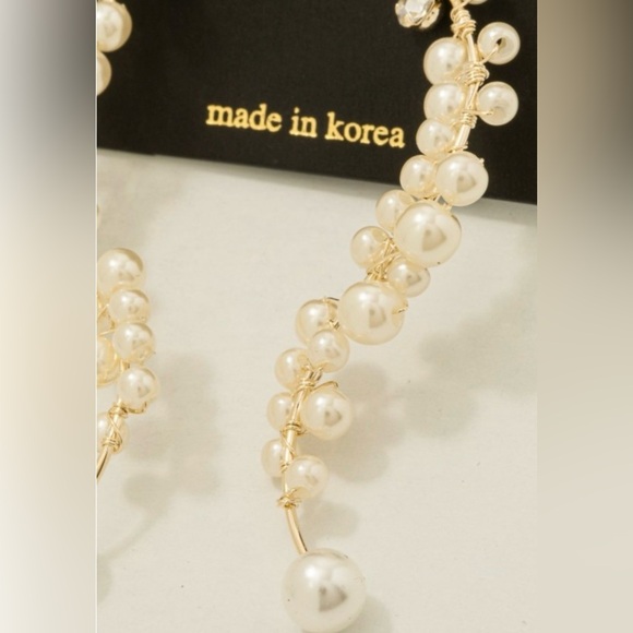 Gold Pearl Cluster Drop Earrings - White Pearls - Picture 2 of 5